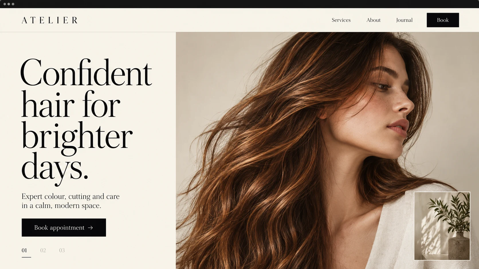 Atelier salon concept with editorial typography and a brunette portrait