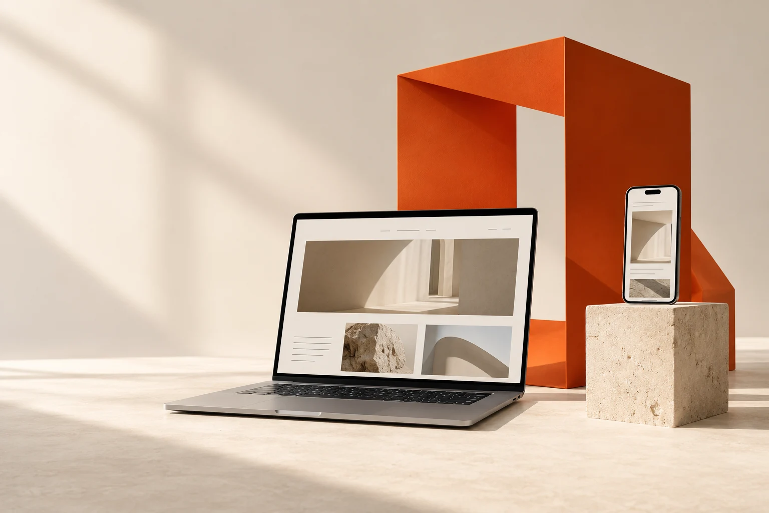 Orange sculptural frame beside a laptop on a stone plinth